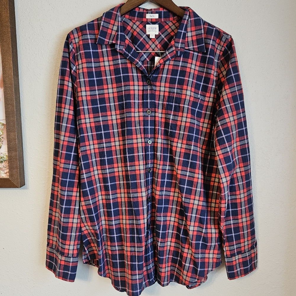 J. Crew NWT Women's Boy Fit Long Sleeve Red Blue Plaid Button Up Shirt Lg Cotton